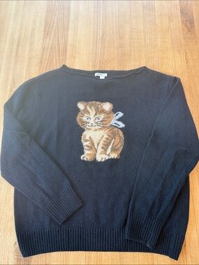 Subdued Navy Sweater with Kitten Graphic